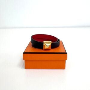 HERMES Reversible Red Black Leather Double Wrap Bracelet w Medor Gold Stud Clap
